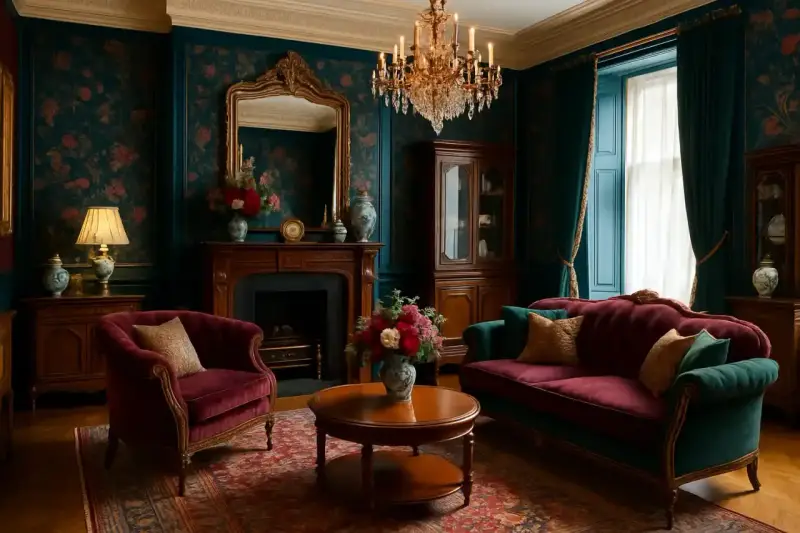 Elegancki salon w stylu wiktoriańskim z aksamitnymi meblami, bogatą tapetą i kryształowym żyrandolem.