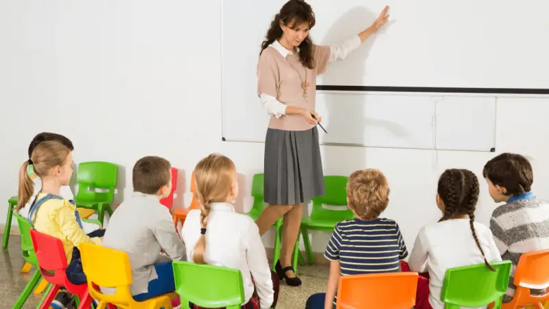 Nauczycielka prowadzi lekcję dla dzieci w klasie. To początek roku szkolnego w Hiszpanii, dzieci siedzą na kolorowych krzesełkach.
