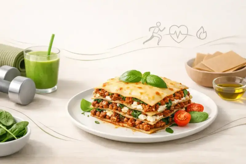Jak zrobić lasagne? Pyszna, warstwowa lasagne z mięsem mielonym i szpinakiem, obok zielony koktajl, hantle i mata do ćwiczeń.