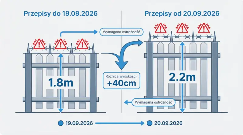 Od 20.09.2026 furtka na posesję musi mieć min. 2.2m, bo przepisy wymagają większej ostrożności.