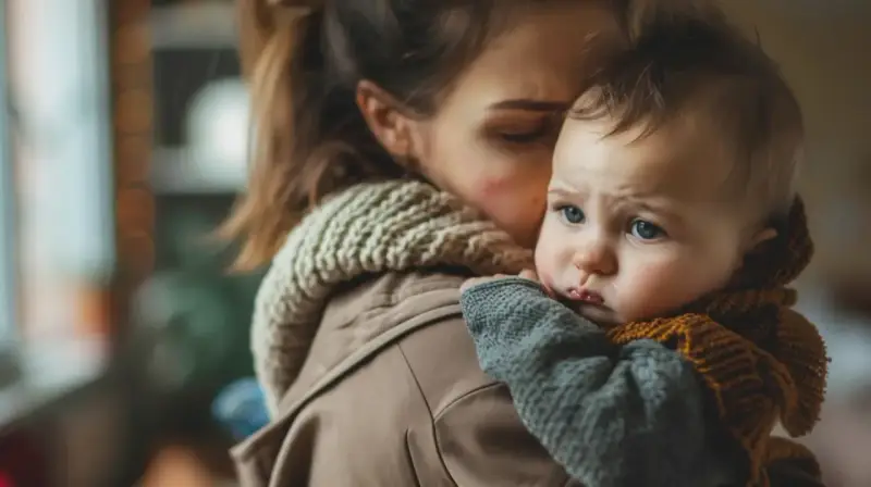 Matka tuli dziecko, które ma lekko zaczerwienione policzki i smutne oczy. Widać, że troszczy się o nie, gdy czuje się źle.