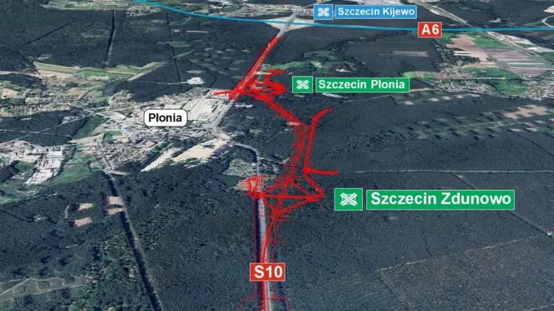 Trasa S10 prowadzi do Szczecina. Widoczne są drogowskazy na Szczecin Płonia, Szczecin Zdunowo i Szczecin Kijewo.