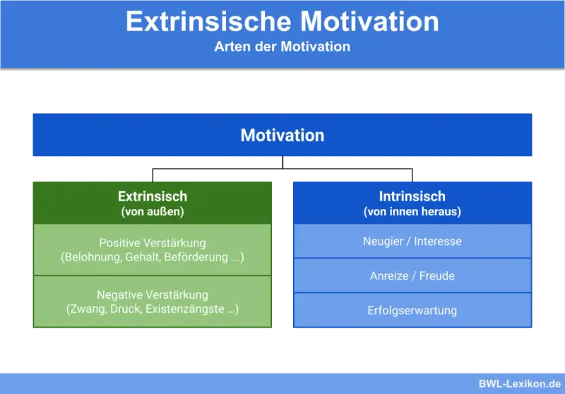 Diagramm zeigt Motivation, aufgeteilt in extrinsisch (von außen, z.B. Belohnung) und intrinsisch (von innen, z.B. Neugier).