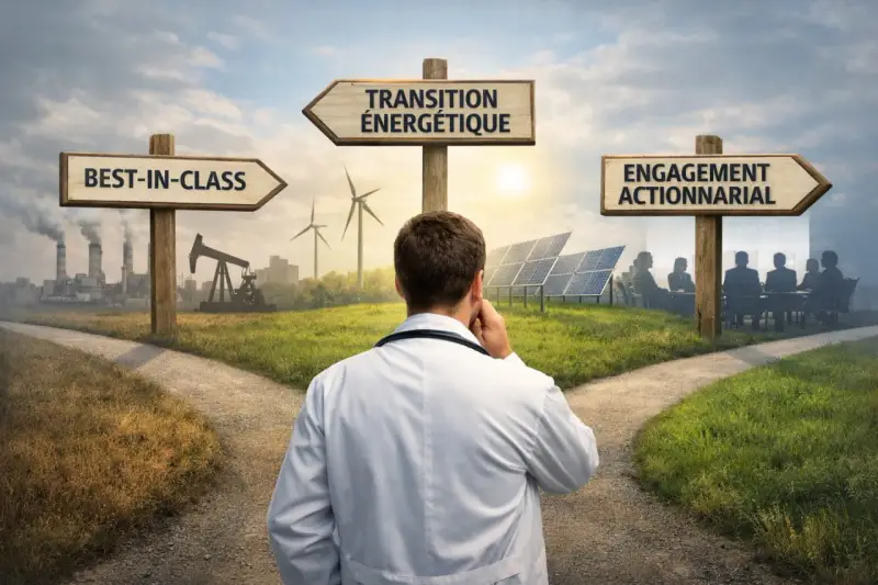 Un médecin réfléchit à un carrefour : industrie polluante, transition énergétique ou engagement actionnarial. Un choix crucial pour le mariage communauté universelle.