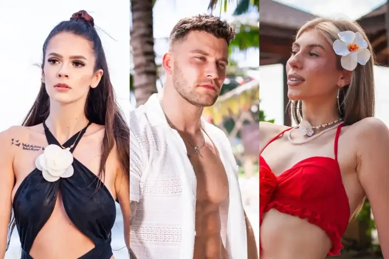 Trzy osoby na tle tropikalnego hotelu. Kobieta w czarnym stroju kąpielowym, mężczyzna w białej koszuli i kobieta w czerwonym bikini. Hotel Paradise 12.