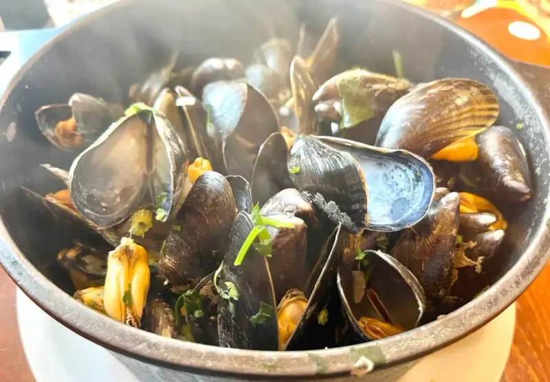 Un plat fumant de moules, prêtes à être dégustées. Un accompagnement moules parfait pour un repas savoureux.