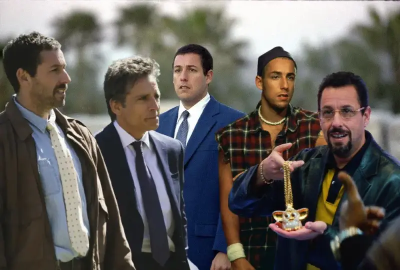 Adam Sandler w swoich kultowych rolach z filmów. Widać go w różnych stylizacjach, od eleganckiego garnituru po luźniejszy strój z naszyjnikiem.