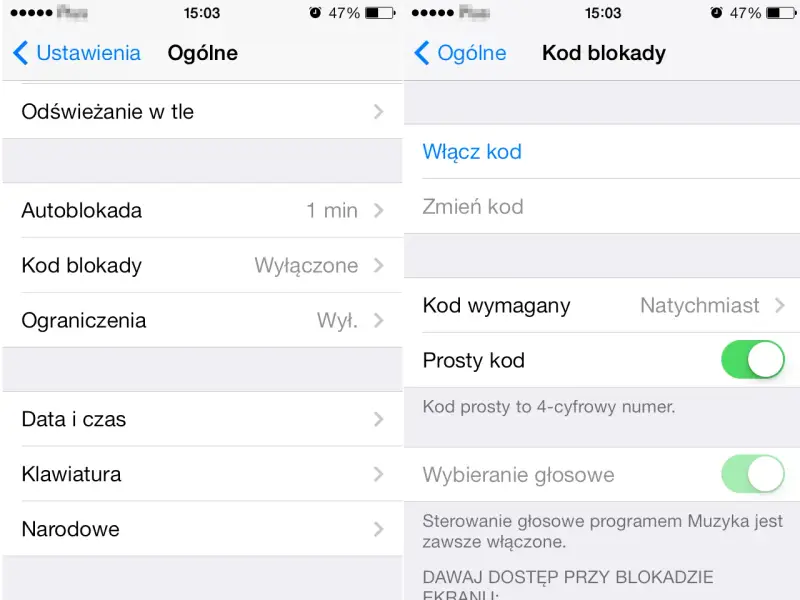 Ustawienia telefonu, sekcja "Ogólne". Widoczny jest "Kod blokady" ustawiony na "Wyłączone". To pierwszy krok, by dowiedzieć się, jak wyłączyć blokadę ekranu.