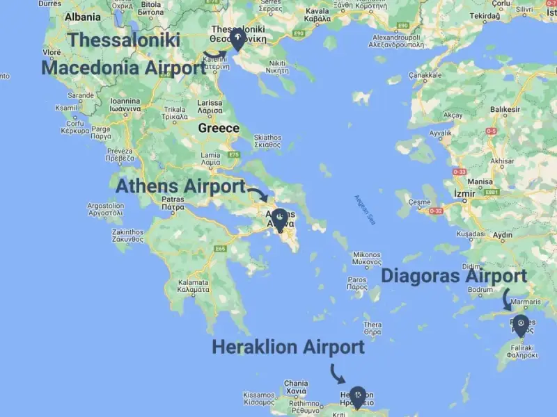 Główne lotniska w Grecji: Macedonia Airport, Athens Airport, Diagoras Airport i Heraklion Airport.