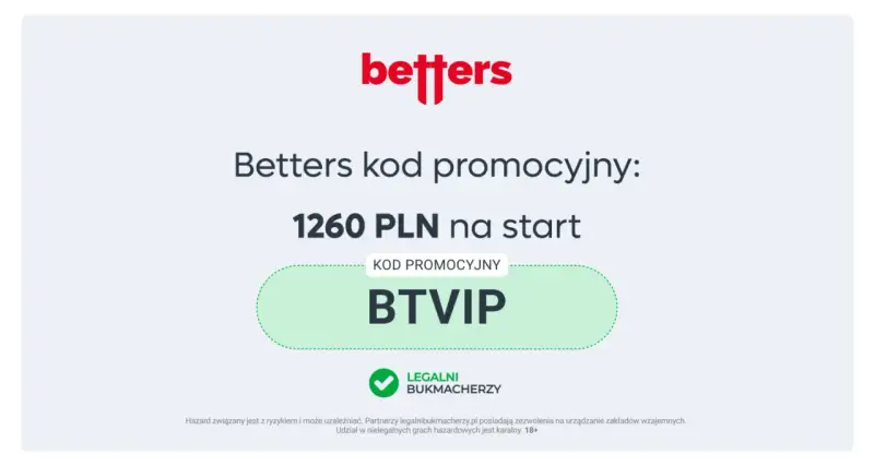 Betters kod promocyjny BTVIP daje 1260 PLN na start. Zdobądź bonus i zacznij grę!