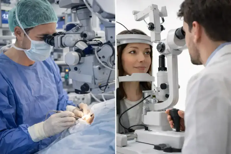 Optometrysta to specjalista od wzroku. Na zdjęciu widzimy go podczas operacji oka i badania wzroku pacjentki.