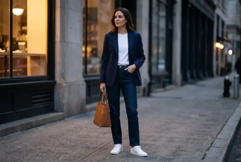 Kobieta w granatowej marynarce i jeansach, z brązową torbą, prezentuje styl semi formal na ulicy.