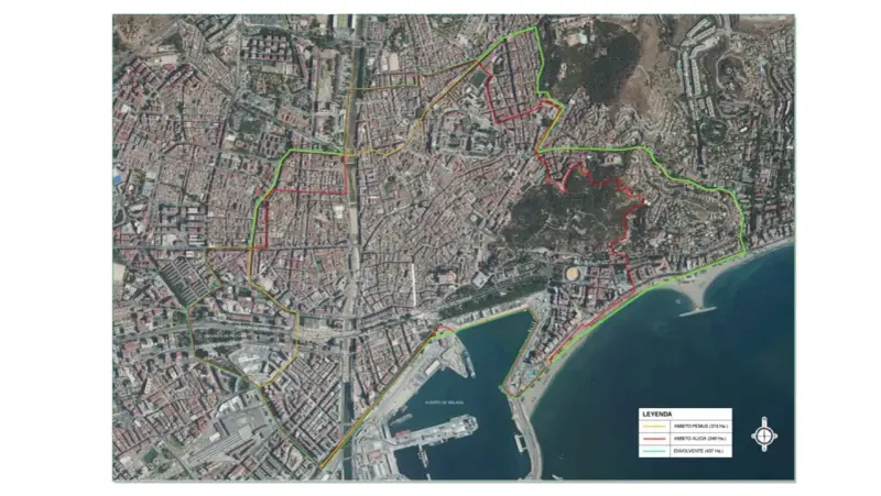 Mapa aéreo de Málaga con contornos de la zona de bajas emisiones. Se distinguen tres ámbitos: PEMUS (amarillo), Alicia (rojo) y envolvente (verde).