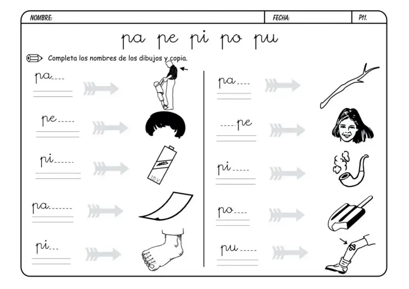 Fichas letra p: une sílabas con dibujos. Incluye "pa", "pe", "pi", "po", "pu".