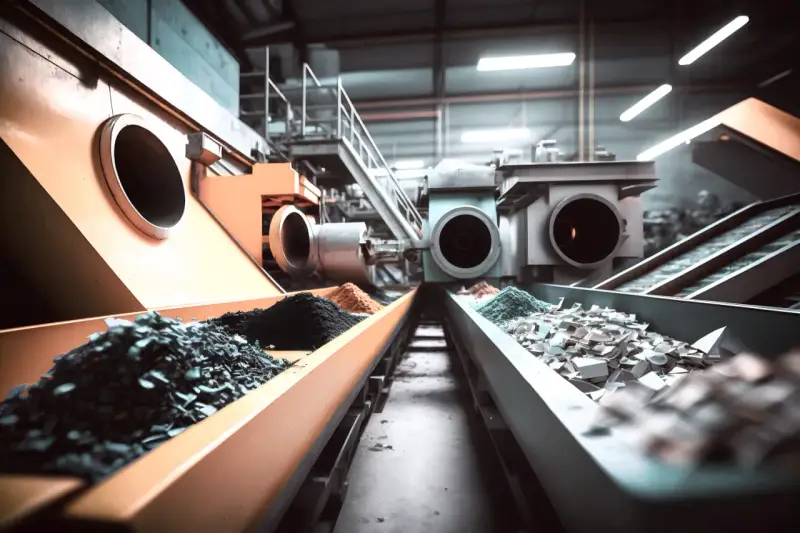 Linia produkcyjna przetwarza surowce, przygotowując je do tworzenia tworzyw chemoutwardzalnych. Widać tam różne rodzaje proszków i fragmentów materiałów.