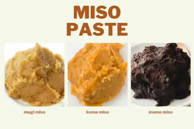 Trzy rodzaje pasty miso: mugi, kome i mame, różniące się kolorem i teksturą.