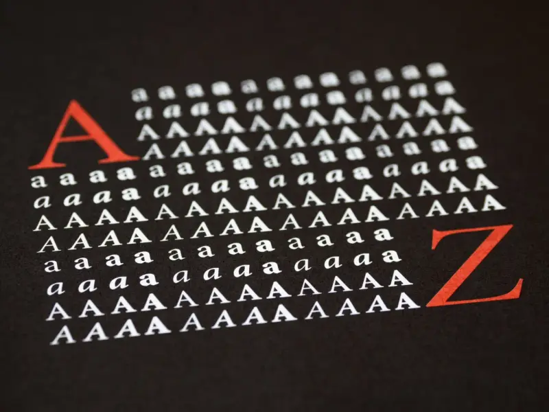 Duża czerwona litera "A" i rzędy białych liter "a" i "A" na czarnym tle, ilustrujące **kerning**. Obok czerwona litera "Z".