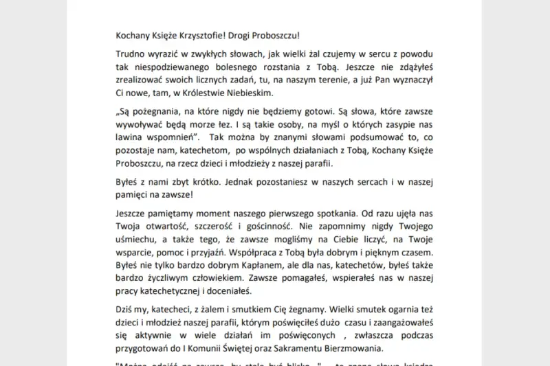 Wzór pożegnania zmarłego księdza proboszcza, czytany przez katechetów. Wyrazy żalu i wdzięczności za wspólny czas.