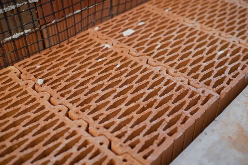 Rzędy pustaków ceramicznych, każdy o wymiarach pustak max, czekają na budowę. Siatka zbrojeniowa w tle.