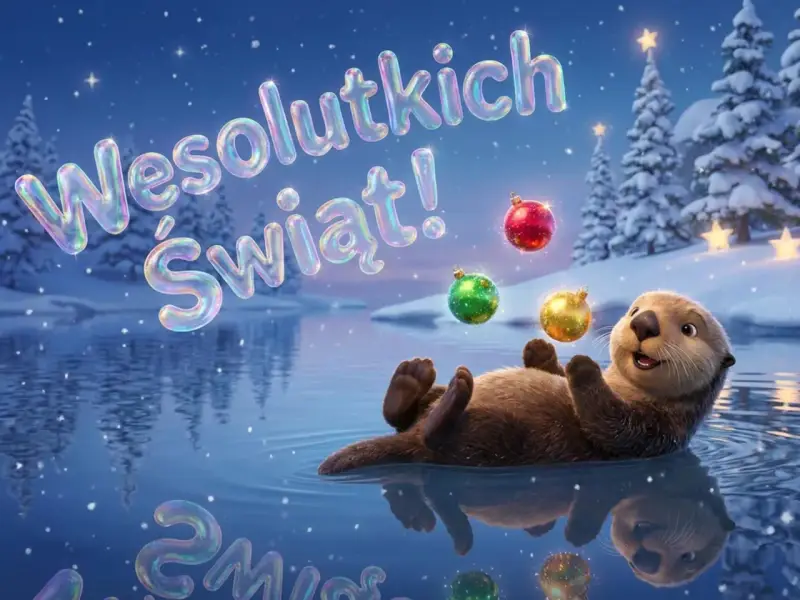 Wesołych Świąt! Wydra bawi się bombkami w zimowej scenerii, jakby czytała wierszyki na Boże Narodzenie.
