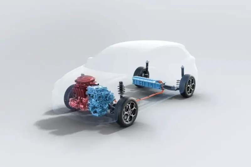 Schemat układu napędowego mg3 hybrid: silnik spalinowy (czerwony), elektryczny (niebieski) i bateria (niebieska).