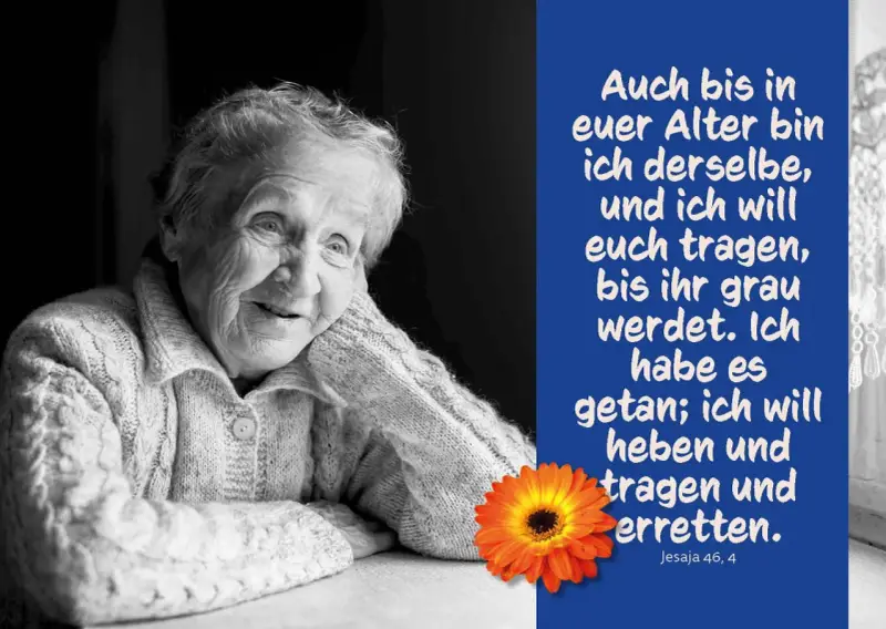 Porträt einer älteren Frau mit einem warmen Lächeln, neben einem Zitat, das Segenswünsche für ältere Menschen ausdrückt.