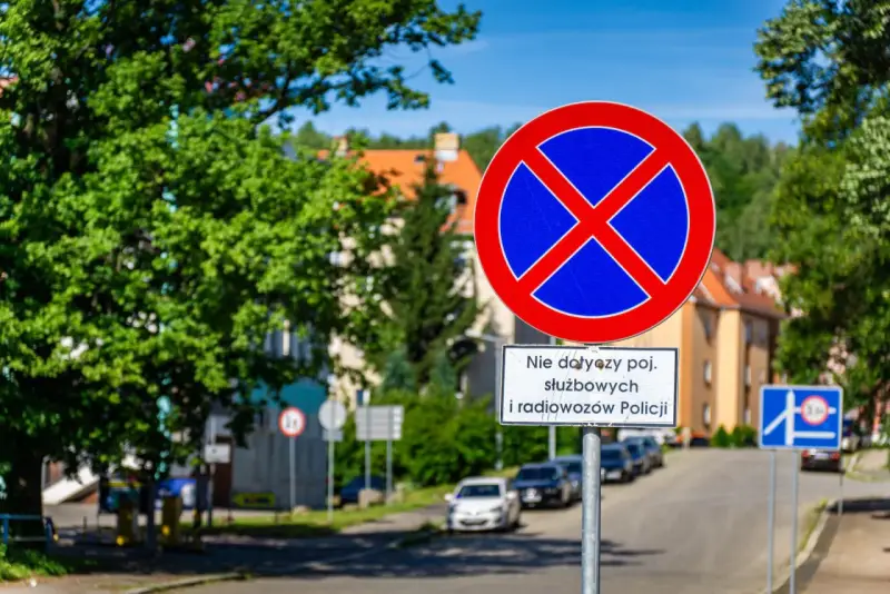 Znak zakaz postoju z tabliczką "Nie dotyczy poj. służbowych i radiowozów Policji" na tle zieleni i zabudowań.