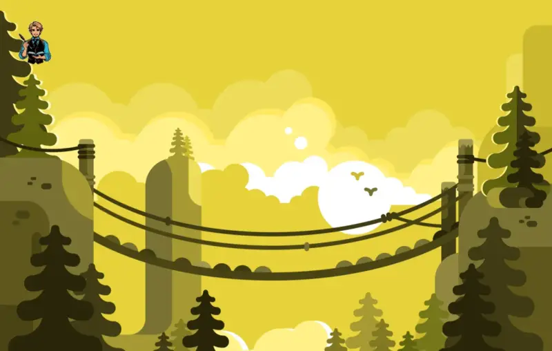 Un artiste imagine qu'est ce qu'un cliffhanger, suspendu au-dessus d'un paysage stylisé de montagnes et de nuages jaunes.