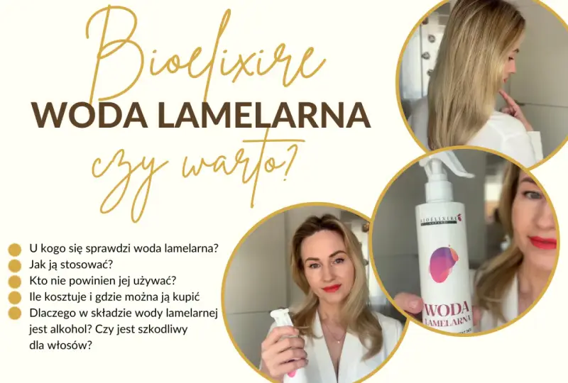 Woda lamelarna Bioélixire: poznaj jej efekty, zastosowanie i skład. Kobieta prezentuje produkt i odpowiada na pytania dotyczące pielęgnacji włosów.