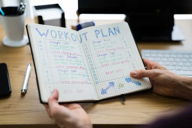 Ein offenes Notizbuch mit einem Trainingsplan, der Übungen und Ruhetage auflistet. Der Plan ist in Spalten für die Tage der Woche unterteilt, mit Kästchen zum Abhaken. Der 3er Split ist klar erkennbar.