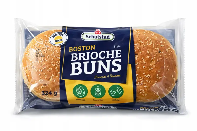 Opakowanie dwóch bułek brioche posypanych sezamem. Idealne do burgerów, z napisem "Boston Brioche Buns".