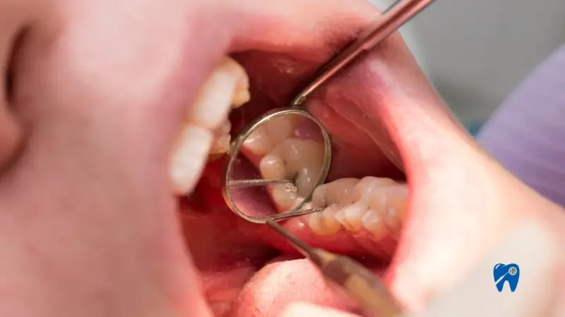 Zbliżenie na usta z widocznym zębem z ubytkiem, oglądanym przez lusterko dentystyczne.