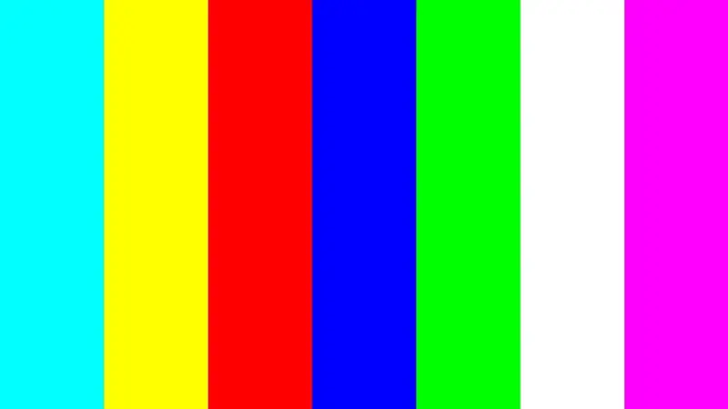 Bunte Streifen: Türkis, Gelb, Rot, Blau, Grün, Weiß, Pink. Ein Testbild, um einen Pixelfehler zu beheben.