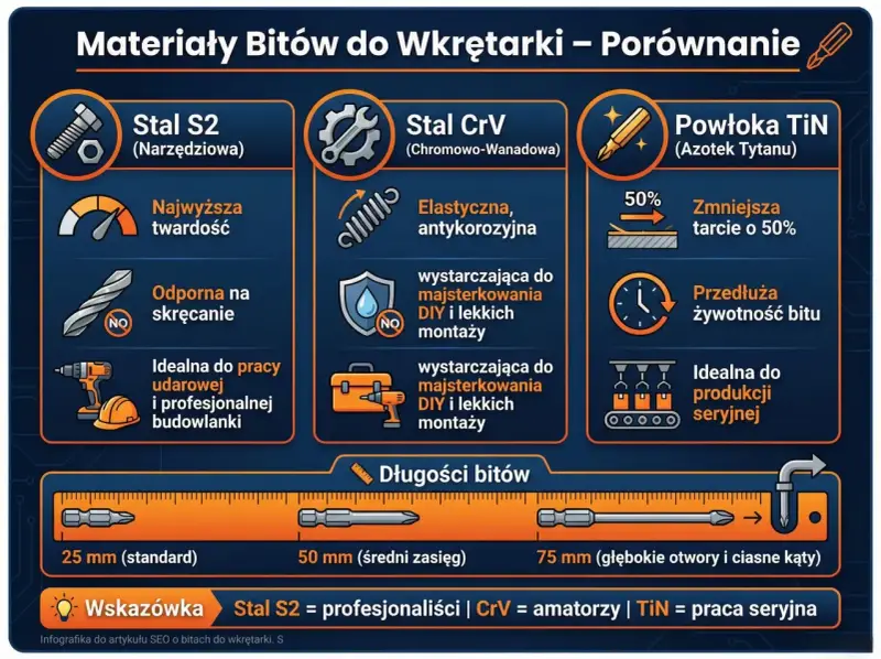 Porównanie materiałów bitów do wkrętarki: stal S2 (najwyższa twardość, odporna na skręcanie), stal CrV (elastyczna, antykorozyjna) i powłoka TiN (zmniejsza tarcie). Długości bitów: 25, 50, 75 mm.