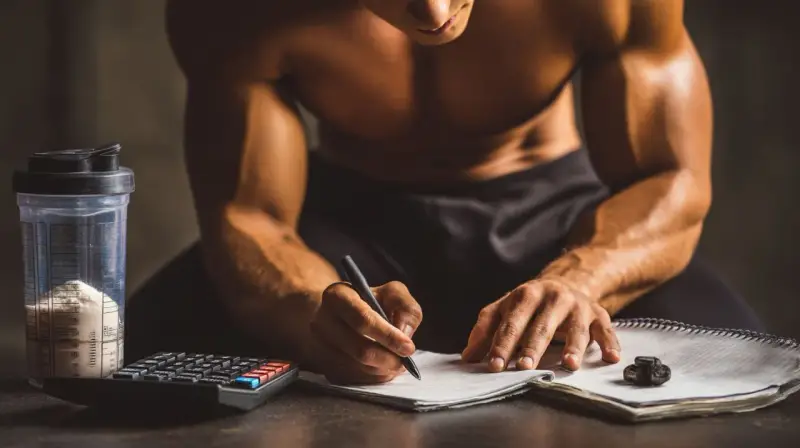 Un athlète calcule combien de protéine par jour il doit consommer, avec un shaker de poudre, une calculatrice et un carnet.