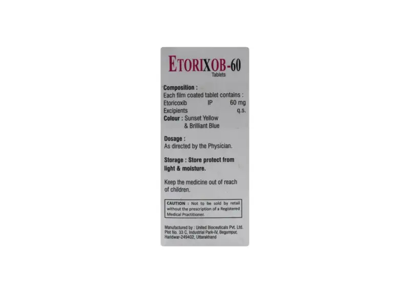 Opakowanie leku Etorixob-60, zawierającego 60 mg etoricoxibu. Przechowywać z dala od światła i wilgoci.