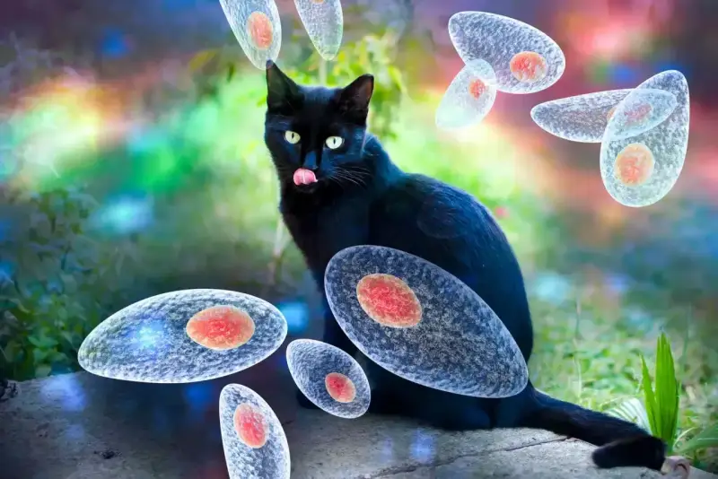 Czarny kot otoczony przez pasożyty Toxoplasma gondii. Obraz ilustruje toksoplazmozę u kota.