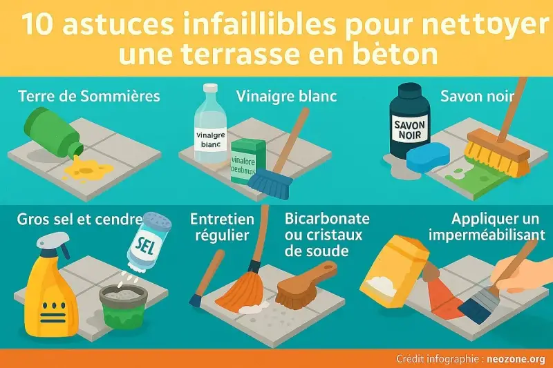 Astuces pour nettoyer une terrasse en béton : terre de Sommières, vinaigre blanc, savon noir, gros sel, entretien régulier, bicarbonate de soude, imperméabilisant.