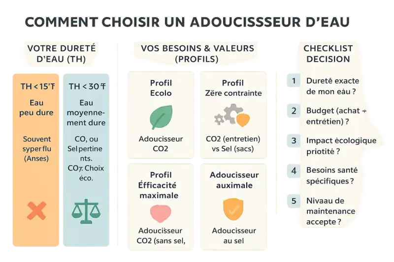 Guide pour choisir quel adoucisseur d'eau pour 4 personnes : dureté de l'eau, profils (écolo, zéro contrainte, efficacité max, maximal), et checklist décision.