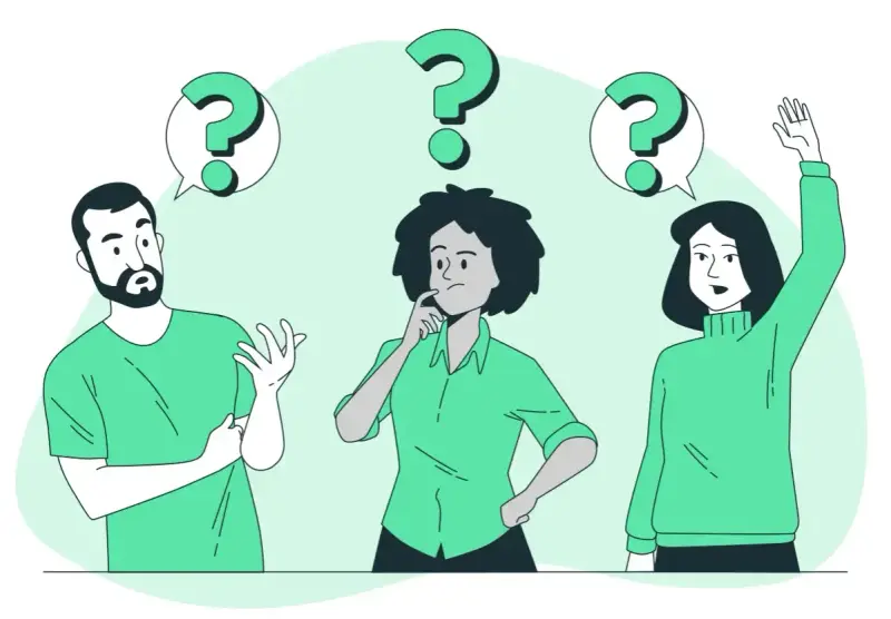 Drei Personen mit Fragezeichen über den Köpfen, die über den eigenanteil physiotherapie diskutieren.