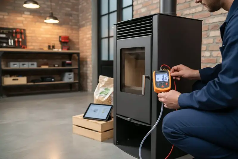 Tecnico effettua controllo su stufa a pellet, garantendo assistenza stufe a pellet multimarca. Strumentazione digitale e tablet per diagnosi precise.