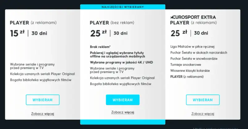 Porównanie cen pakietów Player: 15 zł z reklamami, 25 zł bez reklam i 25 zł z Eurosportem. Sprawdź, która hbo max cena jest dla Ciebie najlepsza.