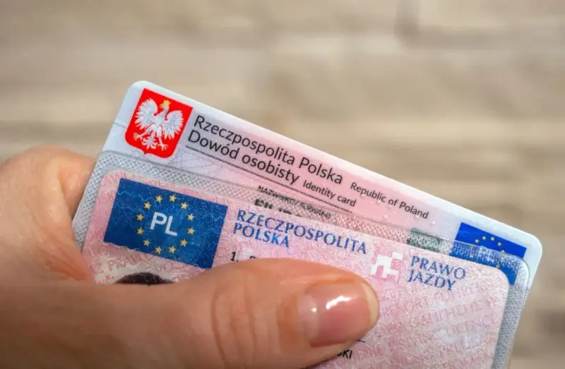 Dłoń trzyma polski dowód osobisty i prawo jazdy. To dokumenty, które pozwalają na swobodne podróżowanie, a prawo jazdy bezterminowe daje spokój na lata.