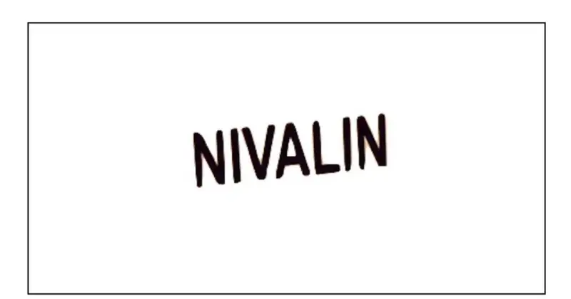 Nivalin - nazwa marki leku, napisana grubymi, ciemnymi literami na białym tle.