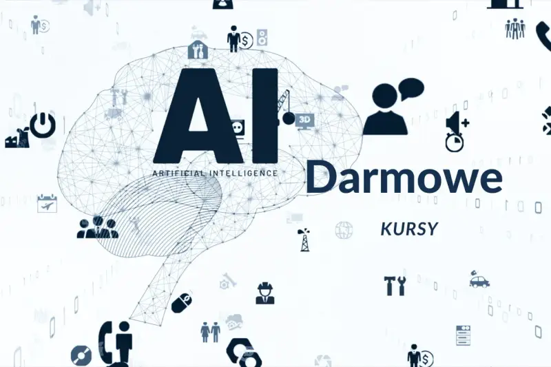 Grafika z mózgiem AI i ikonami symbolizującymi technologię, biznes i naukę. Napis "Darmowe KURSY AI" zachęca do nauki.