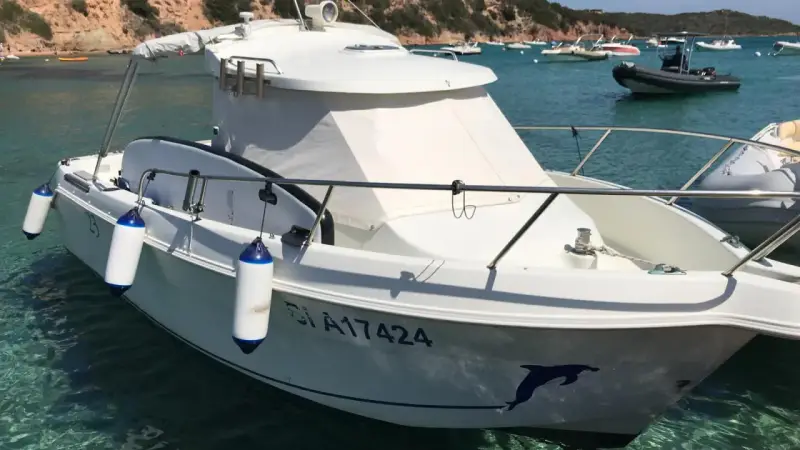 Bateau blanc à quai, avec pare-battages bleus et blancs. Le numéro d'immatriculation est visible, ainsi qu'un dauphin peint sur la coque. Fiche technique du Arvor 20.