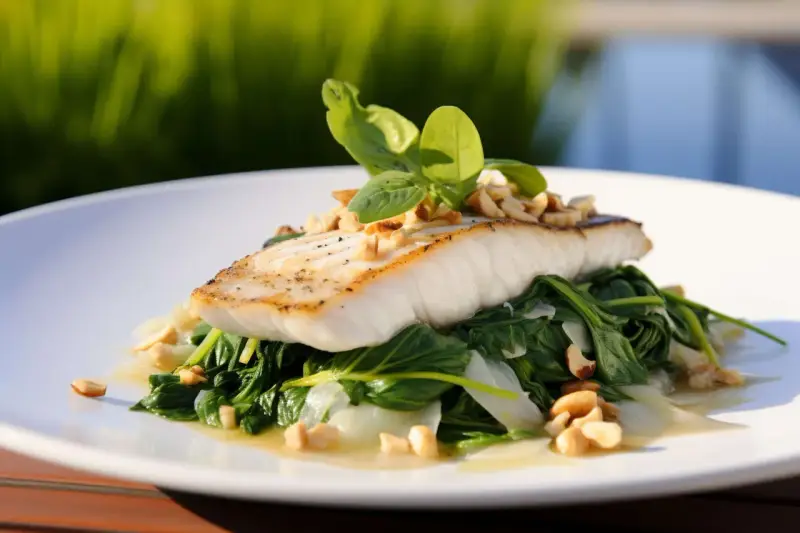 Filet ryby, czy to halibut, czy sandacz, podany na szpinaku z orzechami i bazylią.