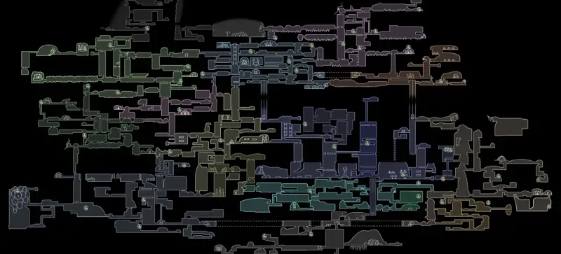 Mapa detallado de Hallownest, mostrando todas las áreas y caminos explorables. Aquí se encuentran todas las larvas Hollow Knight, esperando ser descubiertas.