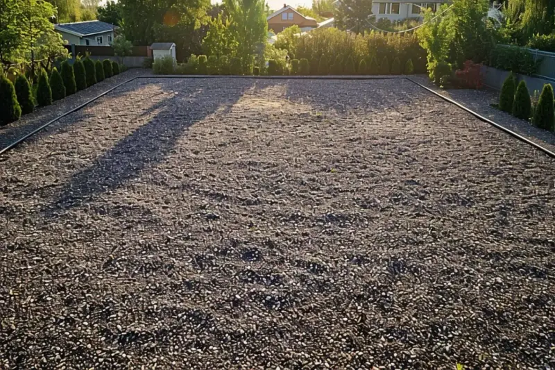 Un grand parking en gravier, bordé de haies et d'arbres, sous la lumière dorée du soleil couchant.