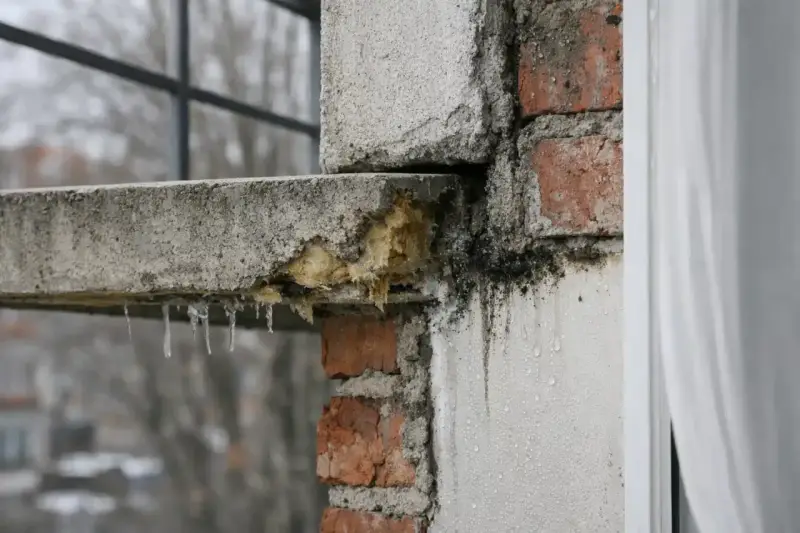 Détérioration d'un balcon en béton, avec des stalactites de glace et des traces de moisissure. Un pont thermique favorise la condensation et la dégradation.